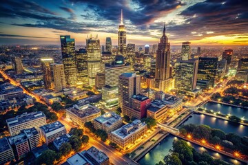 Fototapeta premium Aerial Drone View of Melbourne City Skyline at Night: Vintage Style Photography of Skyscrapers and Downtown Cityscape in Australia with Illuminated Buildings and Urban Landscape