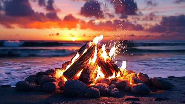 A mesmerizing bonfire blazes on the beach as the sun sets over the ocean.