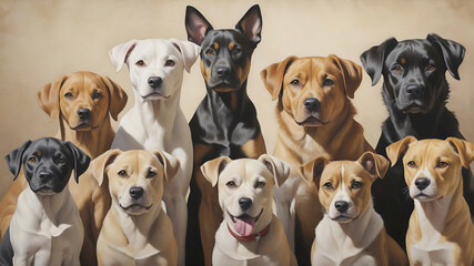 Obraz premium Group of adorable dogs sitting together. Soft watercolor in earthy tones adds warmth, perfect for dog lovers.
