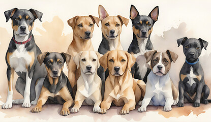 Group of adorable dogs sitting together. Soft watercolor in earthy tones adds warmth, perfect for dog lovers.