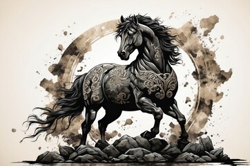 Fototapeta premium Abstract horse animal portrait painting, nature theme and asian culture concept illustration texture design. 