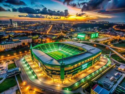 Aerial Night View of Jos Alvalade Stadium Illuminated in Green and Yellow, Showcasing the Vibrant Atmosphere of Sporting Clube Portugal's Home Ground