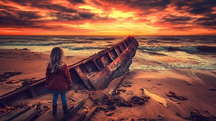 A child on a polluted shoreline