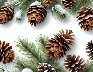 Fototapeta premium Christmas tree branches with snow-dusted pinecones on white background Generative AI