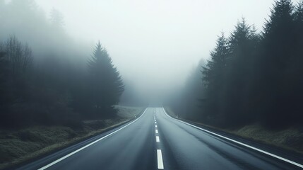 Fototapeta premium A winding road goes through a forest in black and white.