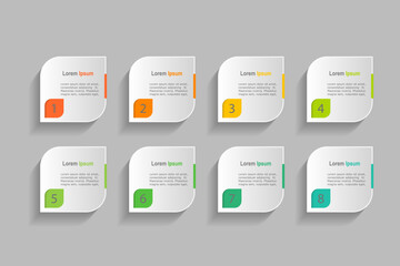 business concept with 8 steps, white rectangle  with colorful label design for workflow layout, diagram, annual report, web design. Creative banner,  vector