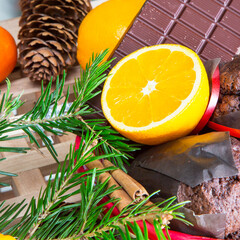Close up maffins, oranges and chocolate