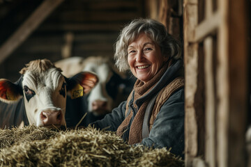 A smiling senior woman with short white hair feeding cows with hay in a rustic barn. The serene scene highlights farm life, connection with animals, and the joy of simple living - obrazy, fototapety, plakaty