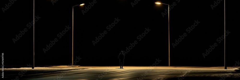Poster a lone person stands on a deserted street at night, illuminated by streetlights with dark space abov