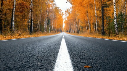 Fototapeta premium A paved road through a forest in the fall.