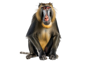 Obraz premium Hyperrealistic Mandrill Sitting Upright with Hands on Knees Captured in Stunning Detail for Wildlife Illustrations and Education
