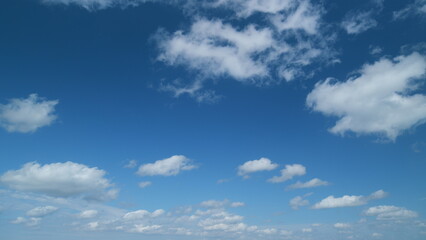 Unusual cumulus and stratocumulus clouds in blue sky. Wide angle contrast daytime nature background. Timelapse.