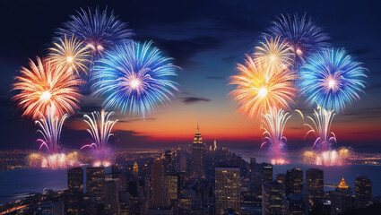 AI generative. Illustration image of firework in the night with cityscape background. 3