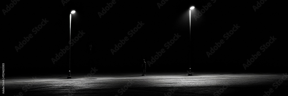 Aufkleber a solitary person stands in the darkness of an empty street, illuminated by streetlights, creating a