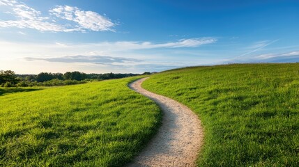 Fototapeta premium A winding dirt bike track traverses a lush green hill, showcasing the beauty of outdoor motorsport under a bright blue sky