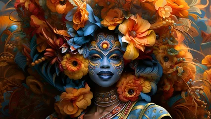 Close-up of a young woman's face. Carnival Festival in the Caribbean. Black woman with multicolored face paint. Brazilian carnival. Generate AI.