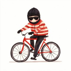 Fototapeta premium Cute Thief Riding Red Bicycle Watercolor Clipart