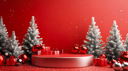 red empty podium for product presentation on red surface. A festive arrangement of Christmas red ornaments
