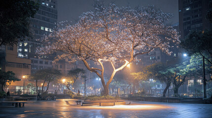 beautiful broadleaf tree in city park at night