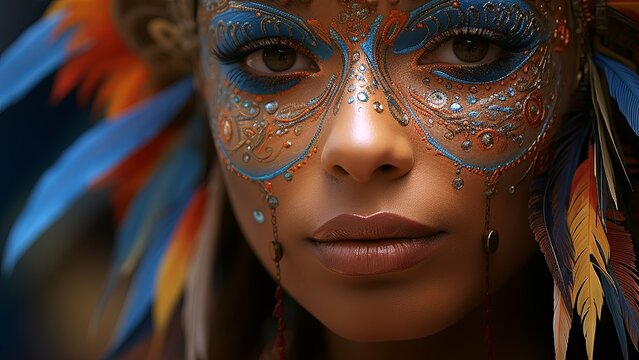 Close-up of a young woman's face. Carnival Festival in the Caribbean. Black woman with multicolored face paint. Brazilian carnival. Generate AI.