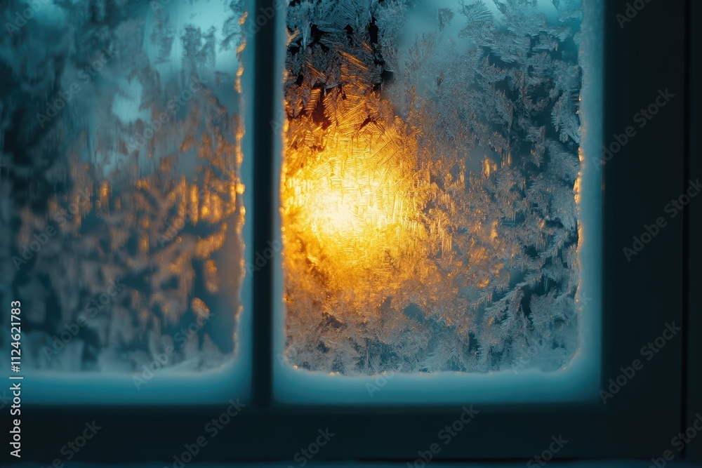 Poster close-up view of intricate ice patterns illuminated by warm light through a frosted window