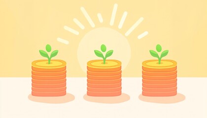 Cartoon-style illustration of three coin stacks representing growth, wealth, and financial stability.