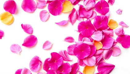 Fototapeta premium Scattered pink and orange rose petals on a white background