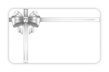 Mockup white gift card with silver bow and ribbon isolated