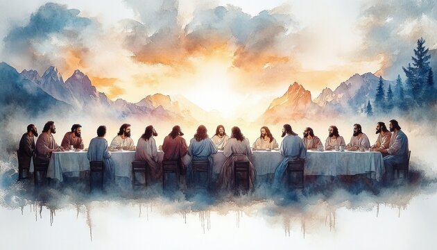 Last Supper Jesus Maundy Holy Thursday New Testament Watercolor Illustration Soft Pastel Colors