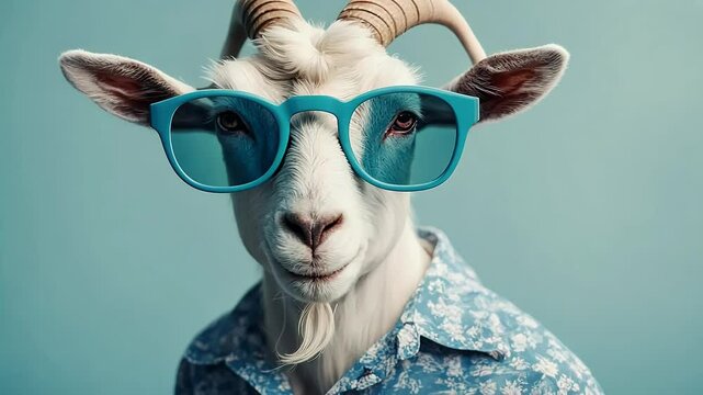 animal shirt dressed sunglasses whitebeard mammal neatly summer cute hipster white retro style blue beard trimmed minimalism goat cool farm