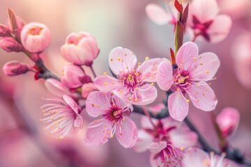 Obraz premium Clusters of soft pink cherry blossoms bloom vibrantly against a blurred spring backdrop, showcasing natureâ€™s elegance and the beauty of renewal during this season.