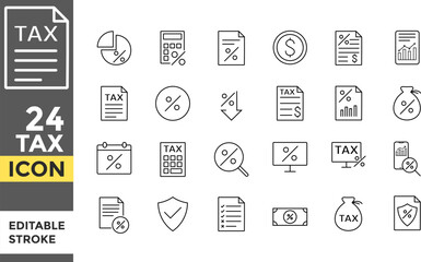 Tax Editable line stroke icon set. Assessment icons. Income Tax, Tax Refunds, Financial Report, Savings, Financial Planning. Quality control icon sign

