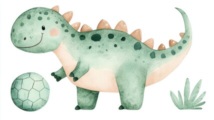 Naklejka premium Adorable Watercolor Dinosaur Playing Soccer Cartoon Illustration Pastel Colors Kids Decor