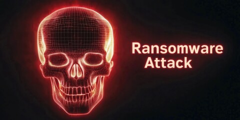 Cybersecurity ransomware concept. Digital skull illustration symbolizing a ransomware attack threat.