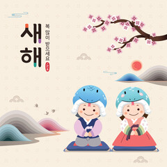 Korean New Year. A child character wearing a snake-shaped hat and traditional hanbok welcomes the new year of 2025. Translation: "Happy New Year."