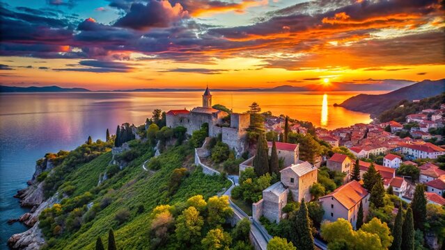 Aerial Sunset Panorama of Omi, Croatia Showcasing the Majestic Mirabela Fortress with Vibrant Colors and Scenic Views Overlooking the Adriatic Sea and Surrounding Landscape
