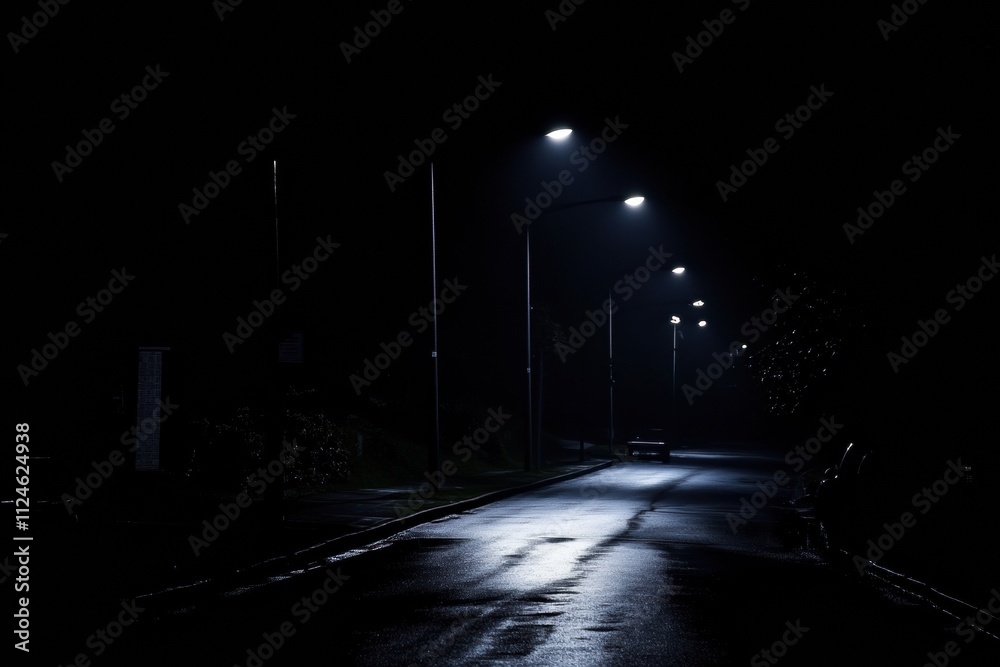 Poster a solitary person walks along an empty street at night, with streetlights casting long shadows and a