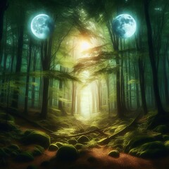 Obraz premium Dense Forest Under Twin Moons The canopy of a dense forest glows