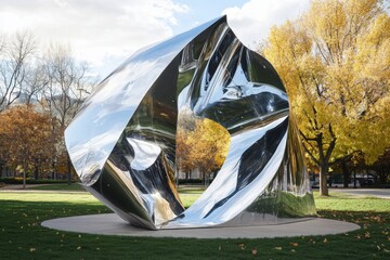 Dynamic metal sculpture installation in urban park setting modern art display amidst autumn foliage...