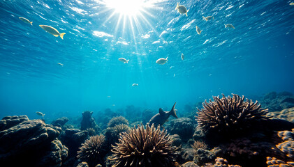 A vibrant underwater scene with a school of small fish swimming above a colorful coral reef, with the sun's rays shining through the clear blue water