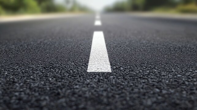 Close up of an asphalt road with a white line down the center.