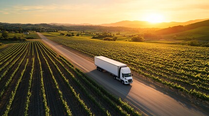 A white semi truck drives down a country road at sunset, surrounded by vineyards.