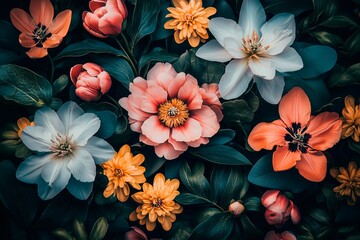 Top view of vibrant flowers arrangement, Valentine's Day card background, Mother's Day gift card