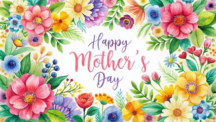 Aerial View of a Beautiful Watercolor Card for Happy Mother&rsquo;s Day Surrounded by Lush Flowers, Ideal for Postcards, Banners, and Websites Celebrating Motherhood and Love
