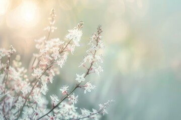 In a tranquil garden, clusters of delicate white flowers emerge, illuminated by soft morning light, signaling the arrival of spring and new beginnings.