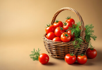A wicker basket filled with fresh, ripe red tomatoes and sprigs of dill on a beige background