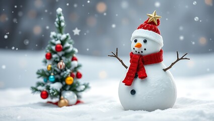 Fototapeta premium Beautiful snowman in winter landscape