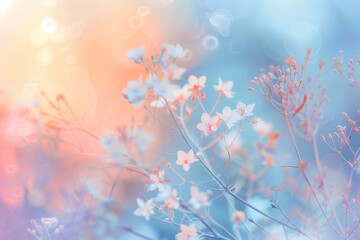 Fototapeta premium A tranquil garden showcases delicate pastel blooms under soft morning light, blending gentle colors that create a calming and serene atmosphere filled with nature's beauty.
