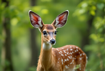 Fototapeta premium A young deer with brown fur and large ears standing in a forest with green trees in the background