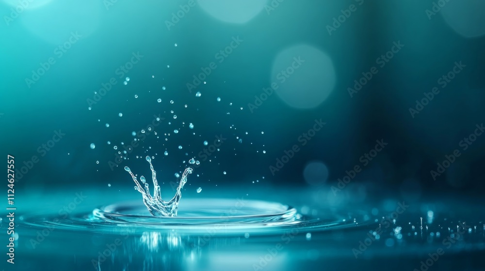 Poster a close-up shot focuses on a droplet creating a splash, generating circular ripples on a smooth surf